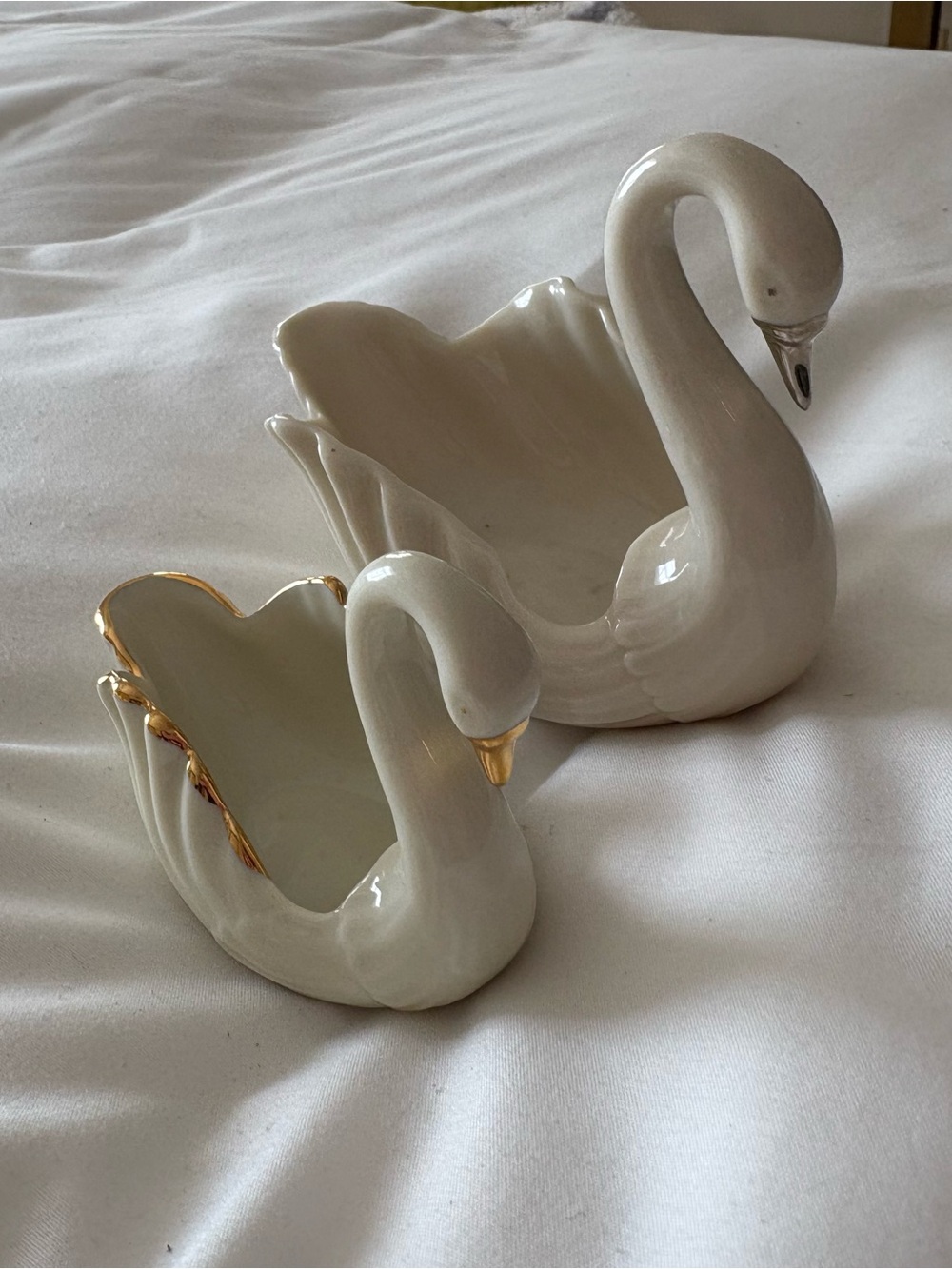 Lenox White Ceramic Swan Figurine Pair with Gold Trim and Silver Trim